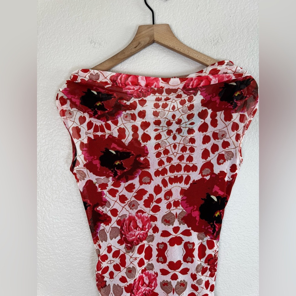 Floral Red Midi Dress - Women's Strapless Bodycon - Picture 12 of 13